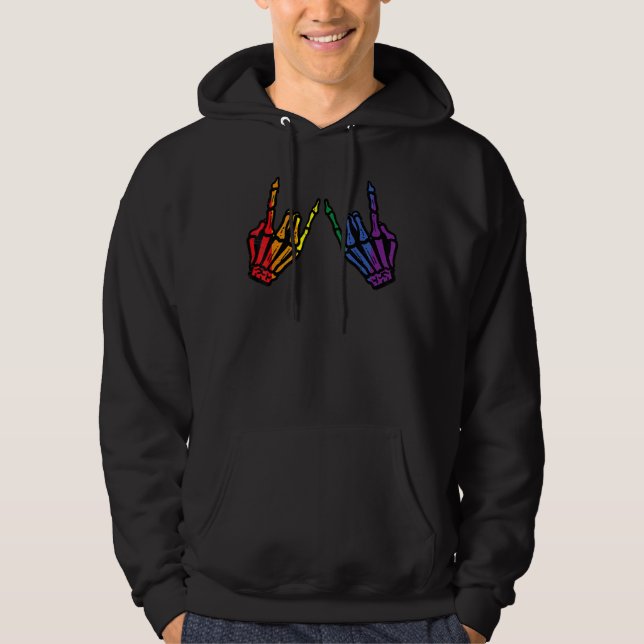 Gay Rocker Skeleton Hands Rainbow Pride Lgbt Rock  Hoodie (Vorderseite)