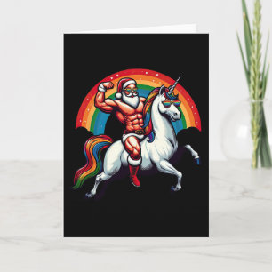 Gay Santa reitet auf einem Einhorn, zeigt Muskeln, Karte