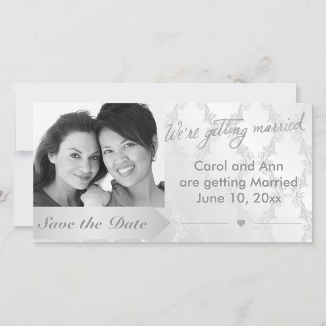 Gay Silver Damask Wedding Foto Save the Date (Vorderseite)