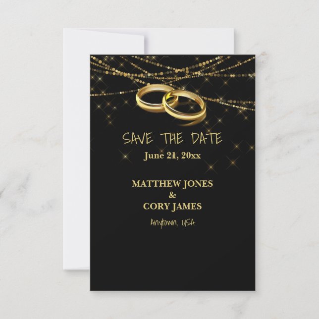 Gay Sparkling Lights und Gold Wedding Rings Save The Date (Vorderseite)