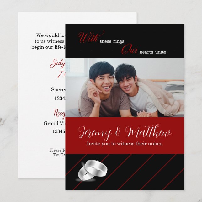 Gay Wedding Black and Burgund Foto Wedding Einladung (Vorne/Hinten)