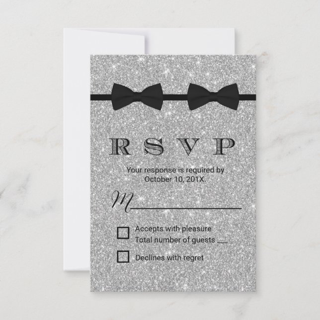 Gay Wedding Double Bow Krawatte Silver Glitzer UAW RSVP Karte (Vorderseite)