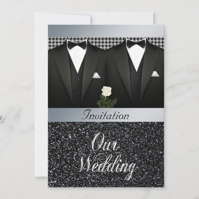 Gay Wedding Einladung mit Tuxedo und White Rose (Vorderseite)
