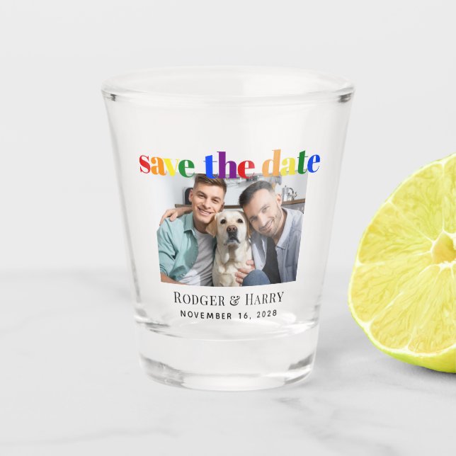 Gay Wedding Foto Save the Date Schnapsglas (Vorderseite)