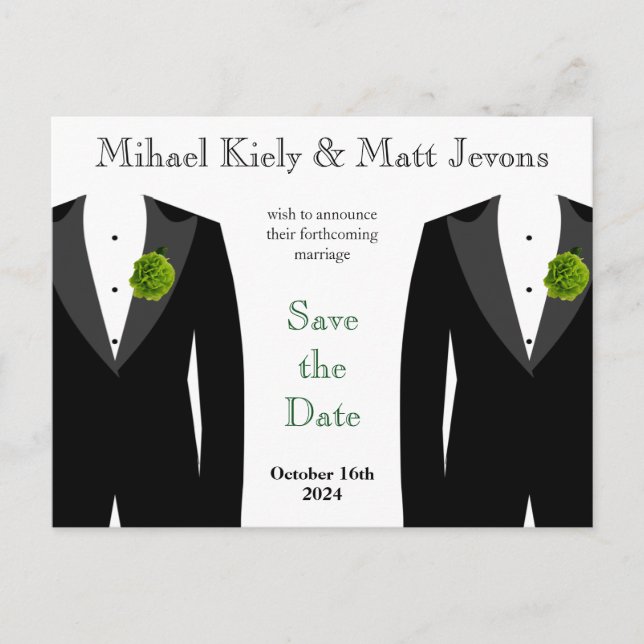 Gay Wedding Green Carnation Save the Date Postcard Ankündigungspostkarte (Vorderseite)