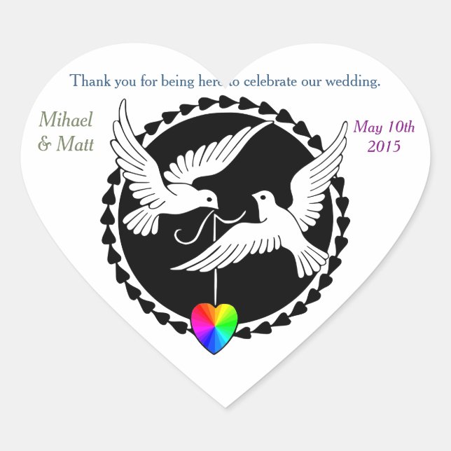 Gay Wedding Rainbow Heart Liebe Doves Heart Sticke Herz-Aufkleber (Vorderseite)