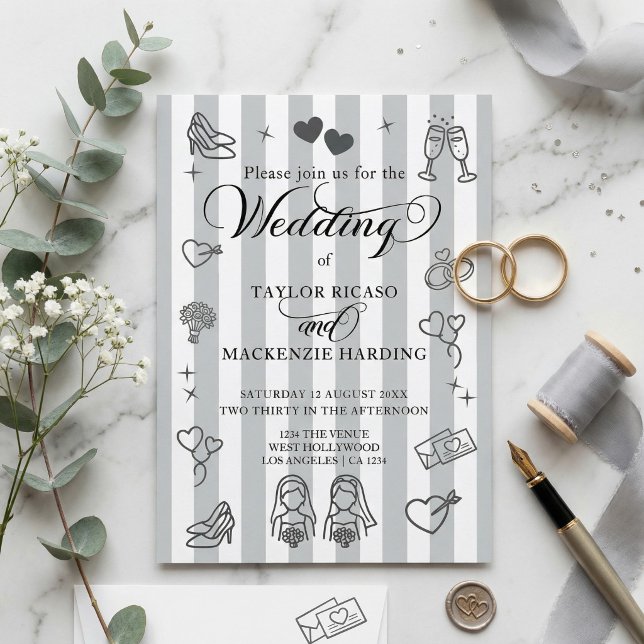 Gay Wedding Two Brides Whimsical Doodles Einladung (Gay Wedding Two Brides Whimsical Doodles Invitation
by Ricaso. Lesbian brides modern and fun)