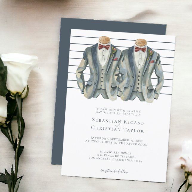 Gay Wedding Two Grooms in Anzügen und Bow Krawatte Einladung (Gay Wedding Two Grooms in Suits and Bow Ties Invitations from Ricaso. Same sex wedding invites. )