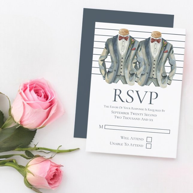 Gay Wedding Two Grooms in Anzügen und Bow Krawatte RSVP Karte (Gay Wedding Two Grooms in Suits and Bow Ties RSVPs from Ricaso Designed in blue & white. modern RSVP)