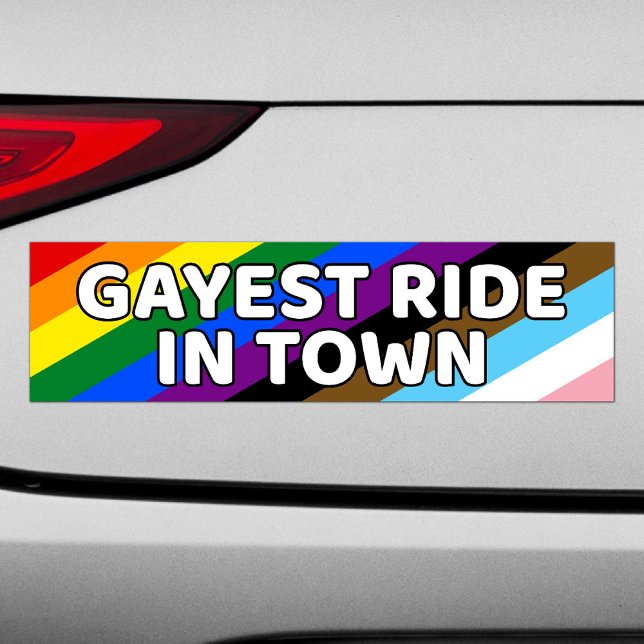 Gayest Ride in Town LGBTQ Rainbow Stripes Stolz Autoaufkleber (Von Creator hochgeladen)
