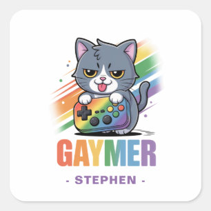 Gaymer - Rainbow Gaming Cat mit Konsole LGBTQ 2 Quadratischer Aufkleber