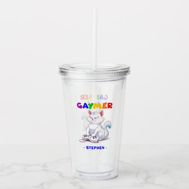 Gaymer - Rainbow Gaming Cat mit Konsole | LGBTQ Acryltrinkbecher (Vorderseite)
