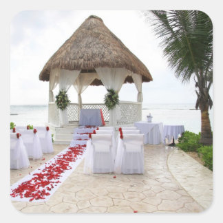 Gazebo auf dem Strand-Hochzeits-Quadrat-Aufkleber Quadratischer Aufkleber