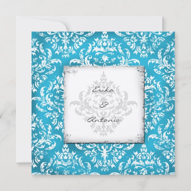 GC| Erika Vintag Damask Turquoise Golden Metalli Einladung (Vorderseite)