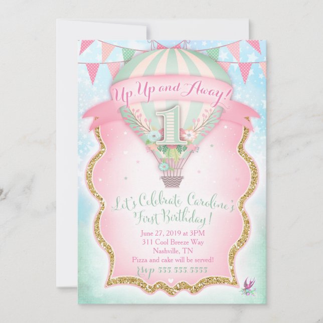 GC Heißluftballon Erster Geburtstag Caroline Einladung (Vorderseite)