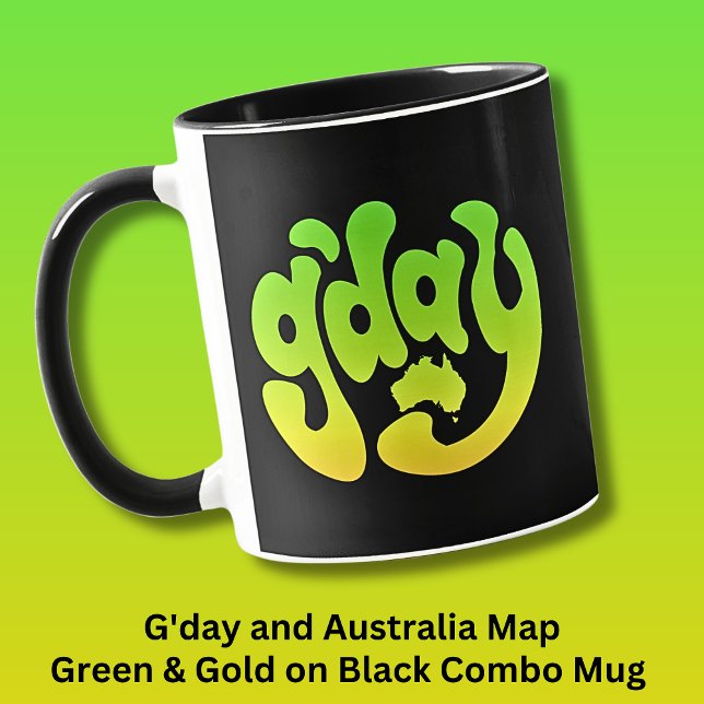 G'DAY mit Australien Karte Green Gold auf schwarz Tasse (Von Creator hochgeladen)