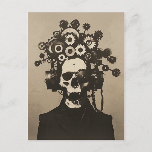 Gear Head Steampunk Skull mit Gothic Flair Sepia Postkarte (Vorderseite)