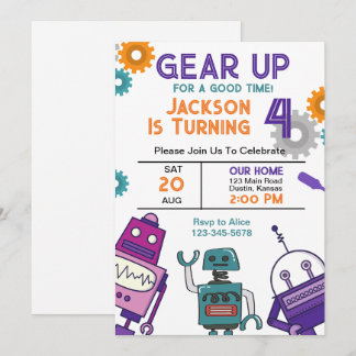 Gear Up Robot Birthday Party Einladung