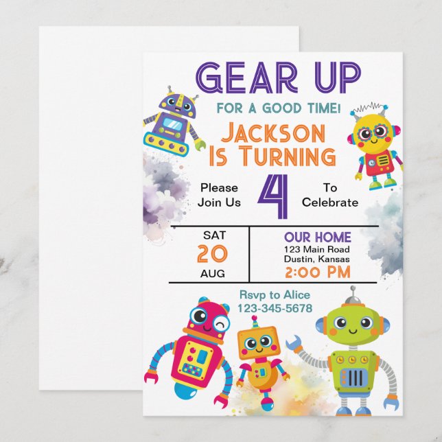 Gear Up Robot Birthday Party Einladung (Vorne/Hinten)