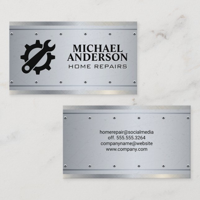 Gears-Symbol | Tischlerei | Metallrivets Visitenkarte (Vorne/Hinten)