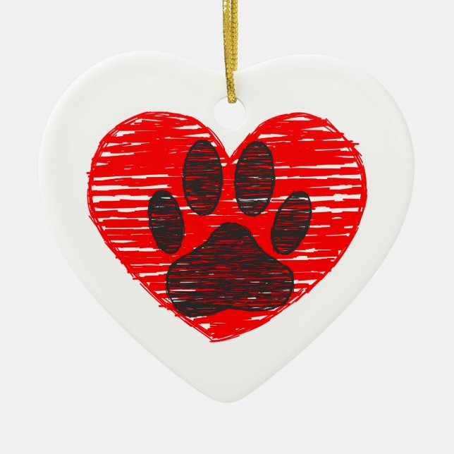 geätzte Hundekuh im roten Herzen Keramikornament (Vorne)