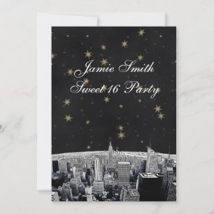 Geätzte NYC-Skyline 2 Schwarz Gold Star Sweet 16 V Einladung