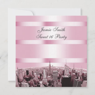 Geätzte NYC-Skyline 2 Schwarz Pink Sweet 16 Party Einladung