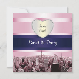 Geätzte NYC-Skyline 2P Rosa Blau Rbn H Sweet 16 Pt Einladung