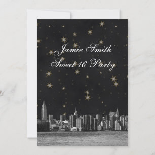 Geätzte NYC-Skyline #3 Schwarz Gold Star Sweet 16  Einladung