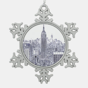 Geätzter Blick auf die Skyline von NYC, runder Rah Schneeflocken Zinn-Ornament