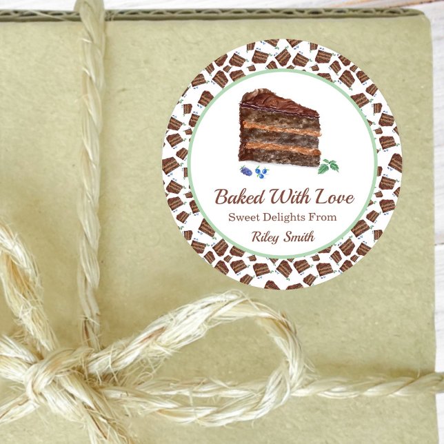 Gebacken mit Liebe Aquarellfarben Schokolade Name Runder Aufkleber (Von Creator hochgeladen)