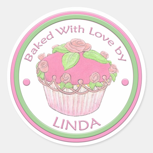 Gebacken mit Liebe Custom Sticker~ROSE CUPCAKE Runder Aufkleber (Vorderseite)