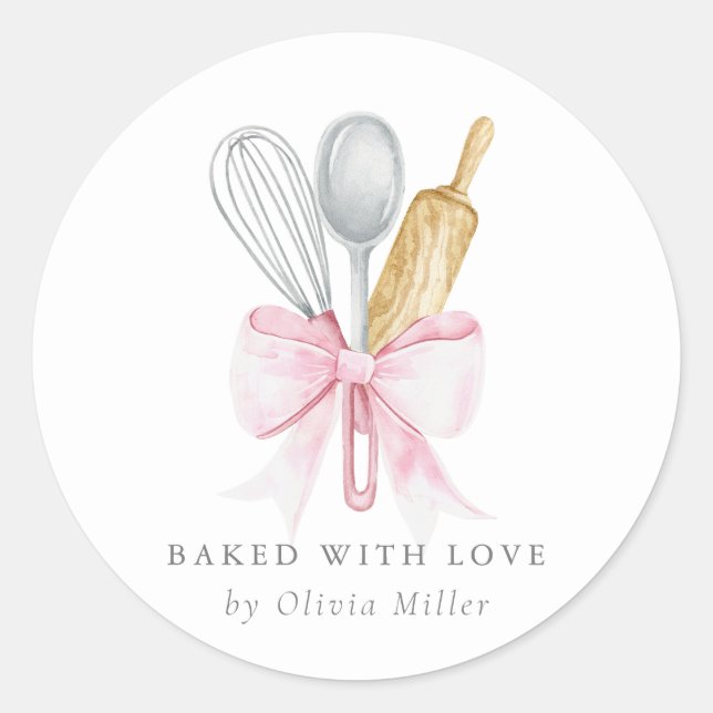 Gebacken mit Liebe Elegant Rosa Bow Personalisiert Runder Aufkleber (Vorderseite)