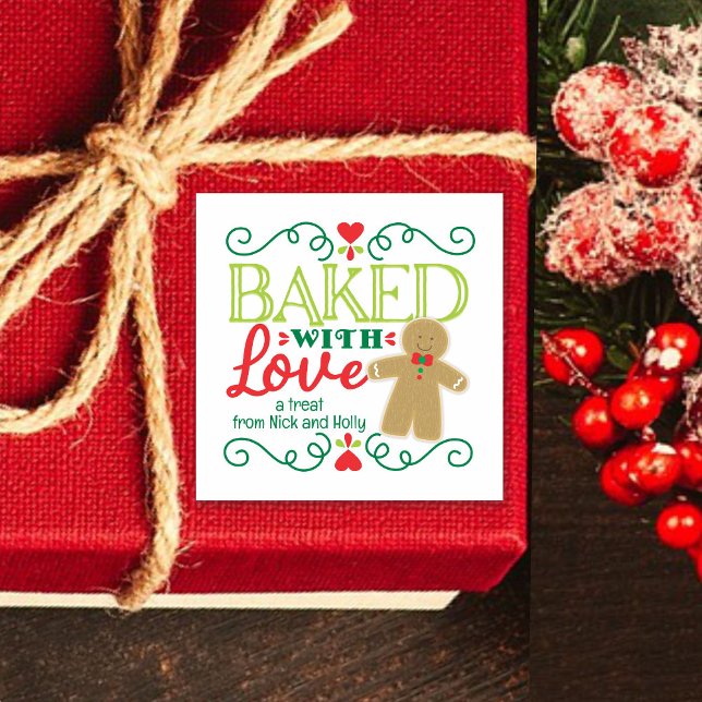 Gebacken mit Liebe Gingerbread Mann Feierliche Wei Quadratischer Aufkleber (Von Creator hochgeladen)