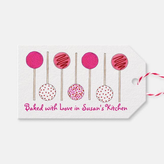 Gebacken mit Liebe hausgemachte Pink Cake Pop Geschenkanhänger (Vorderseite (Horizontal))