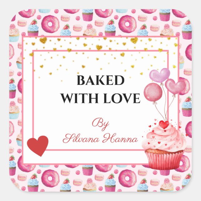 Gebacken mit Liebe - Niedliche Cupcakes & Donuts Quadratischer Aufkleber (Vorderseite)