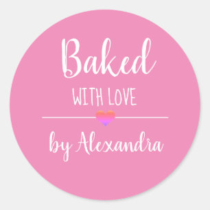Gebacken mit Liebe rosa Name Runder Aufkleber