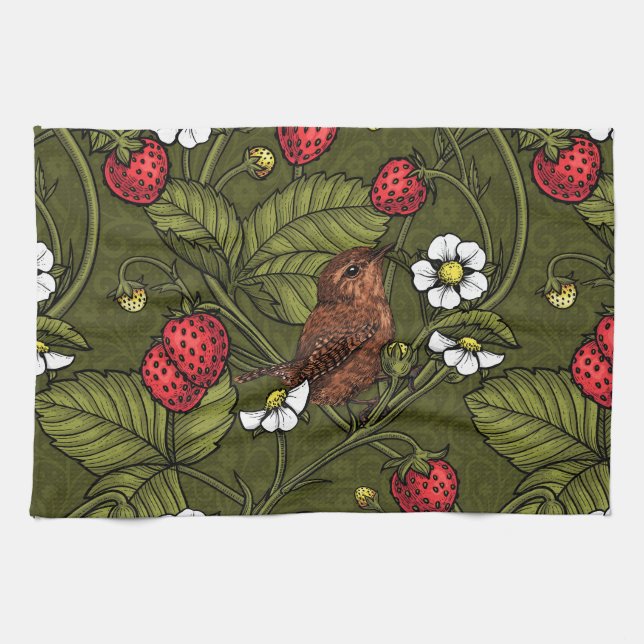 Gebärde und Erdbeeren auf dunkelgrün Geschirrtuch (Horizontal)