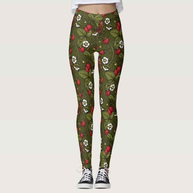 Gebärde und Erdbeeren auf dunkelgrün Leggings (Vorderseite)