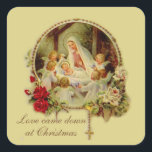 Gebärende Mutter Selig Baby Jesus Rosary Rose Sq Quadratischer Aufkleber<br><div class="desc">Schönes traditionelles katholisches Weihnachtsbild der gesegneten Jungfrau Mary bewundern das Baby Jesus in der Magier mit dem Rosenkranz und den Rote Rosen. Text und Schriftart können geändert werden.</div>