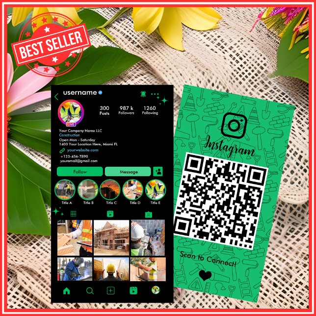 Gebäude Bau Instagram Grün | QR-Code Visitenkarte (Von Creator hochgeladen)