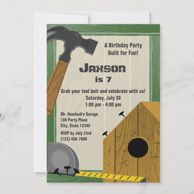 Gebäude Birdhouse Construction Party Einladung (Vorderseite)