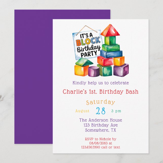 Gebäude blockiert den Geburtstagsschaden Einladung (Vorne/Hinten)