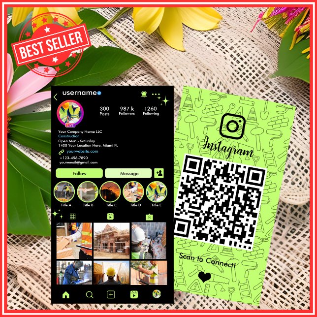 Gebäude Construction Instagram Lime Green QR Visitenkarte (Von Creator hochgeladen)