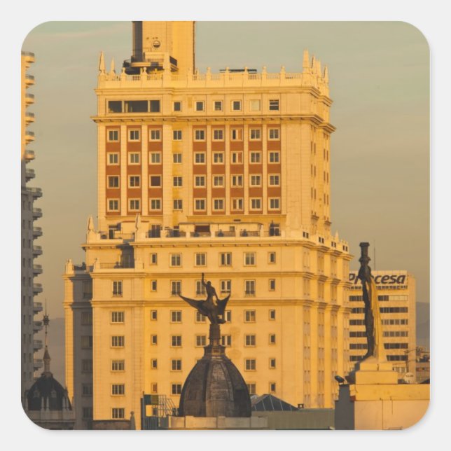 Gebäude entlang der Gran Via und des Edificio Espa Quadratischer Aufkleber (Vorderseite)