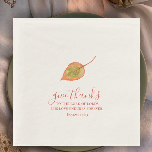 Geben Sie Dank handgemalt minimalistisch Aquarell Serviette (Minimalistic hand painted watercolor fall leaf Thanksgiving religious napkin. Give thanks scripture.)