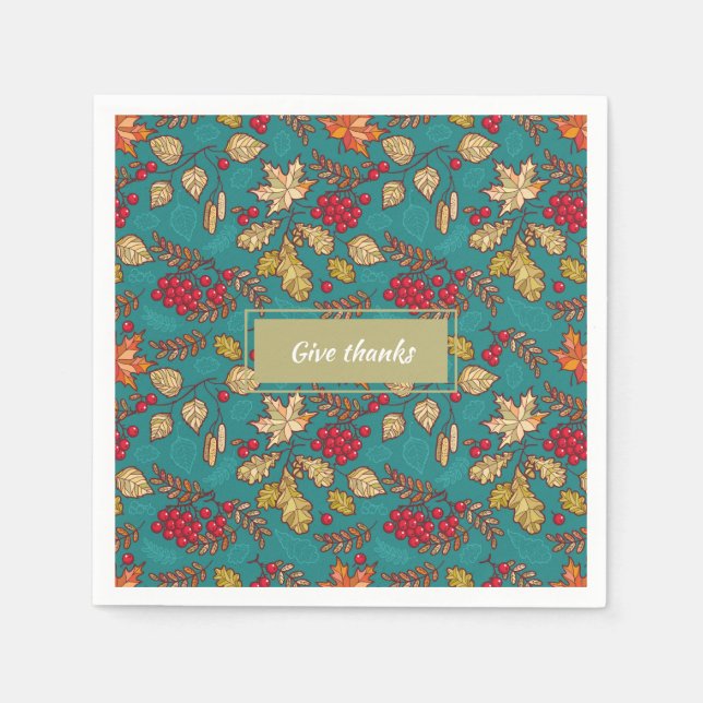 Geben Sie Dankeschön Blätter Muster auf blauem Ern Serviette (Vorderseite)