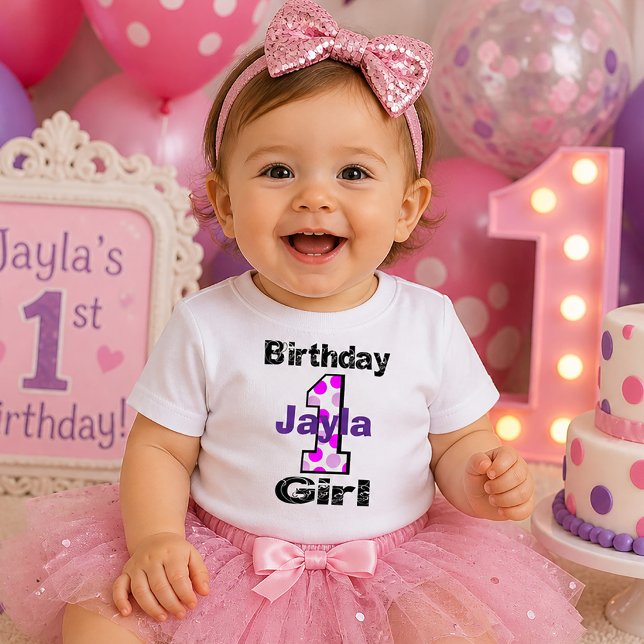Geben Sie den Namen Ihres Kindes 1. Geburtstagskin Baby T-shirt (1st Birthday Girl Shirt Polka Dot One)