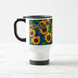 Geben Sie goldene Sonnenblumen und Blätter auf Dun Reisebecher