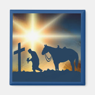 Gebet Cowboy mit Pferd am Kreuz Magnet